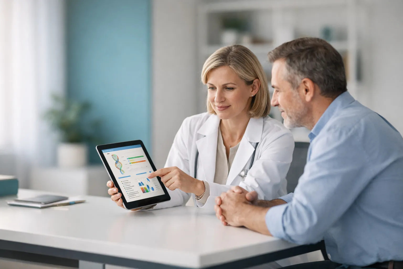Clinician showing a patient their genomic report on a tablet